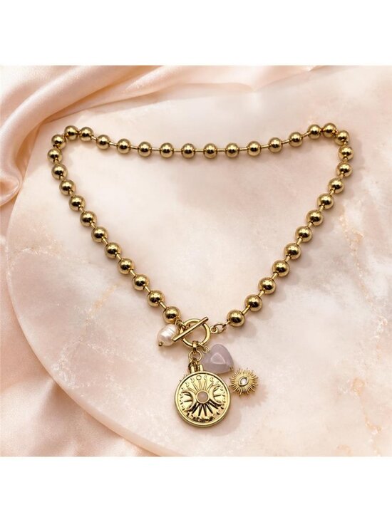 Jewelry - Gold Tone Rose Quartz Pearl Celestial Sun Moon Eye Charm Necklace 18 in
